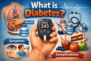 Illustration explaining diabetes showing blood glucose meter, insulin, pancreas, symptoms, and complications