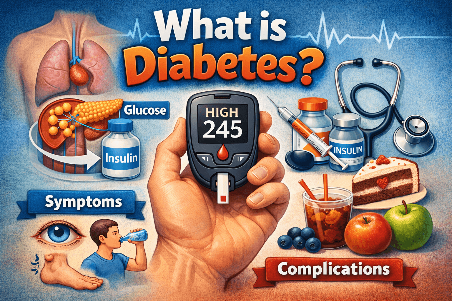 Illustration explaining diabetes showing blood glucose meter, insulin, pancreas, symptoms, and complications