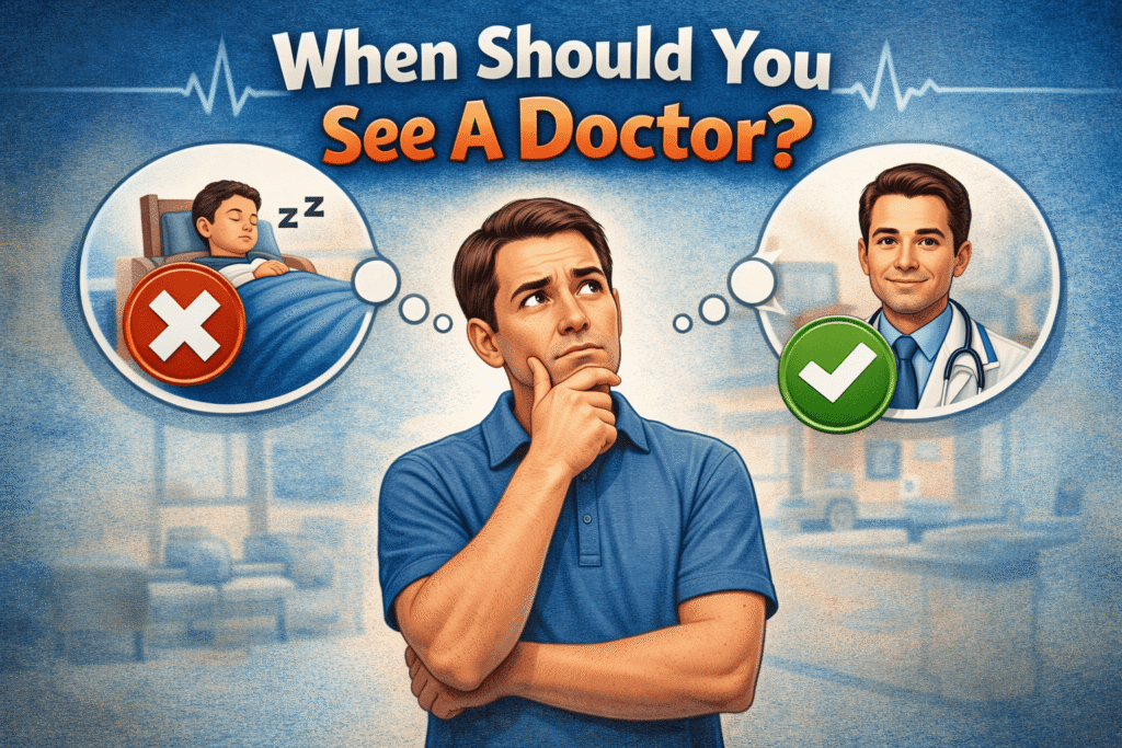 Man thinking about whether to see a doctor, with visual cues showing illness symptoms and medical consultation decision