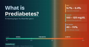 Infographic explaining prediabetes with blood sugar ranges, HbA1c levels, and progression from normal to diabetes