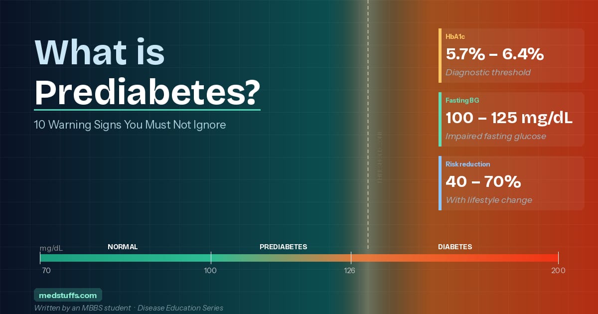 Infographic explaining prediabetes with blood sugar ranges, HbA1c levels, and progression from normal to diabetes