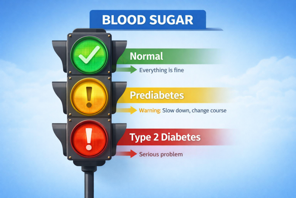 Traffic light illustration showing green for normal blood sugar, yellow for prediabetes warning, and red for type 2 diabetes risk