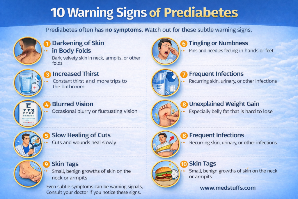 Infographic showing 10 warning signs of prediabetes including dark skin patches, fatigue, increased thirst, blurred vision, slow healing, infections, weight gain, tingling, hunger, and skin tags