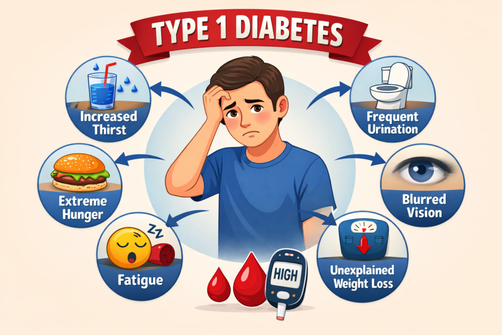 Type 1 diabetes symptoms infographic showing increased thirst, frequent urination, fatigue, weight loss, blurred vision and hunger