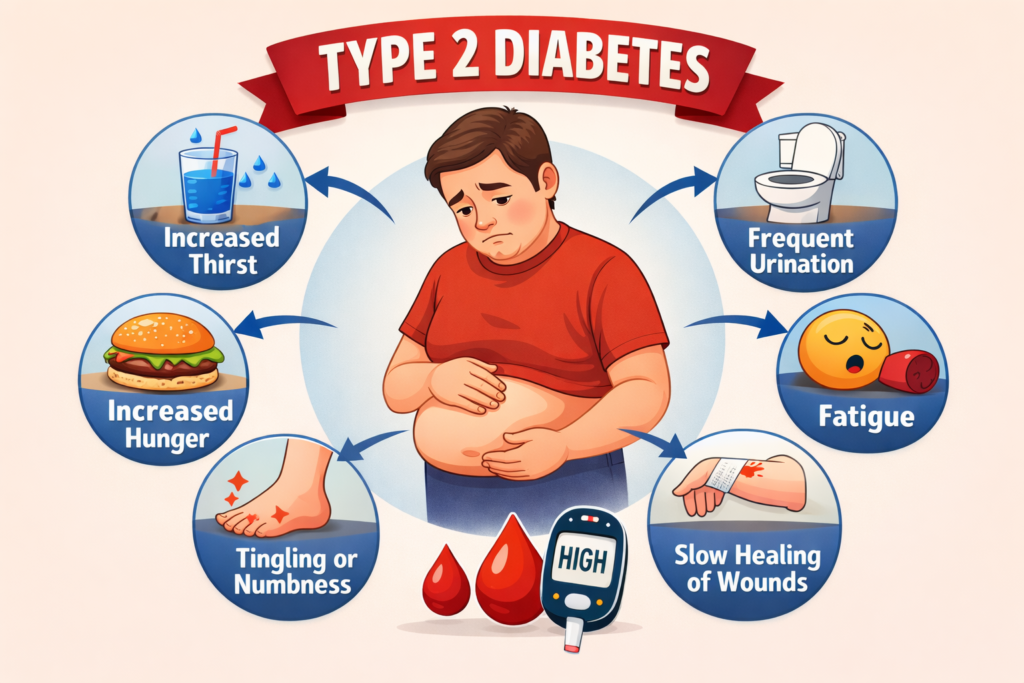 Type 2 diabetes symptoms infographic showing increased thirst, frequent urination, fatigue, tingling feet, slow wound healing and hunger