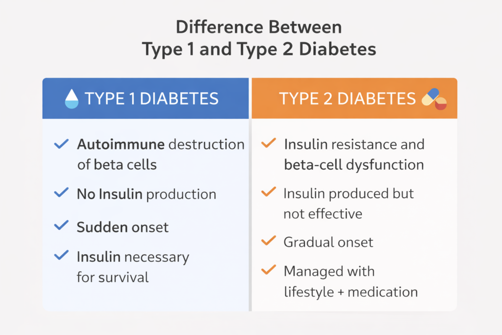 Type 1 vs Type 2 diabetes infographic comparing autoimmune insulin deficiency and insulin resistance differences