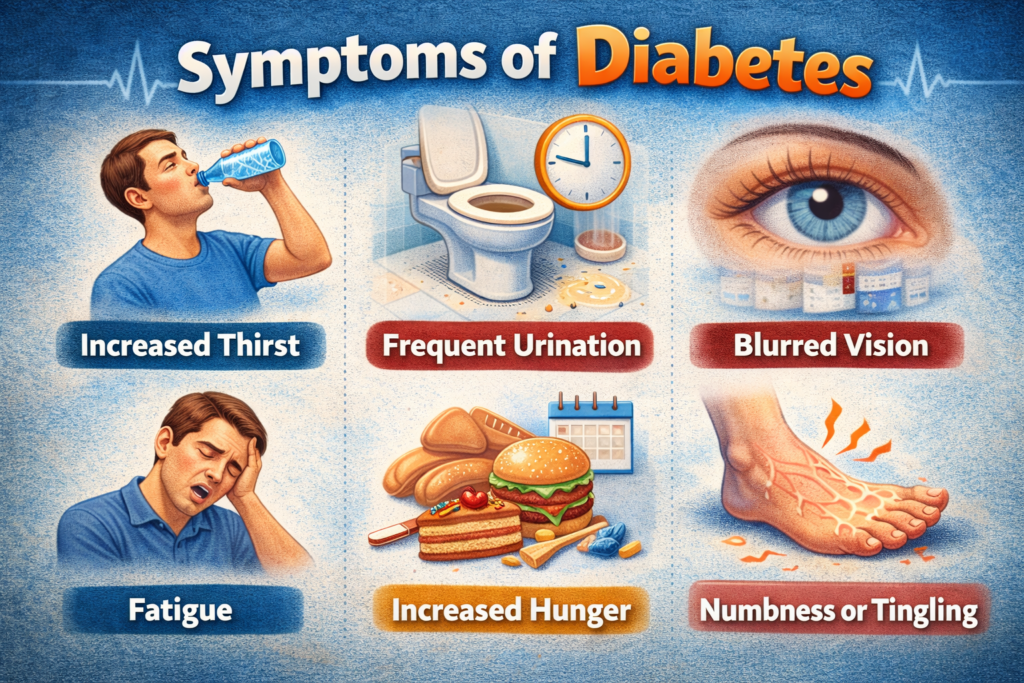 illustration simply explaining what is diabetes by showing the symptoms of diabetes