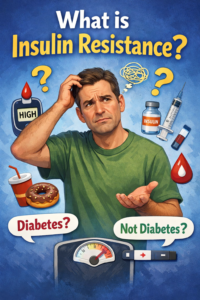 Confused man wondering about insulin resistance and diabetes risk with glucose meter, insulin, and unhealthy food illustration