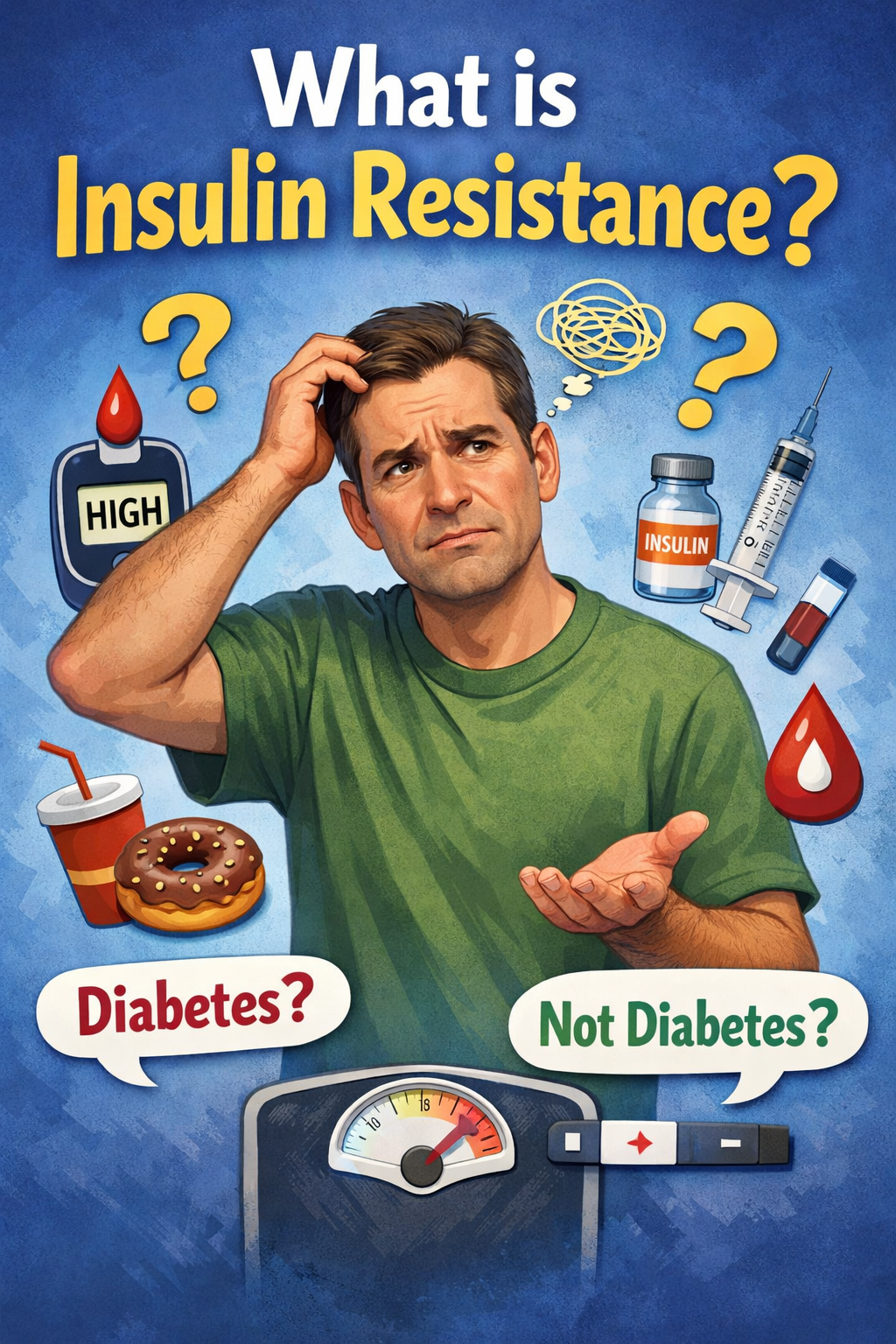Confused man wondering about insulin resistance and diabetes risk with glucose meter, insulin, and unhealthy food illustration