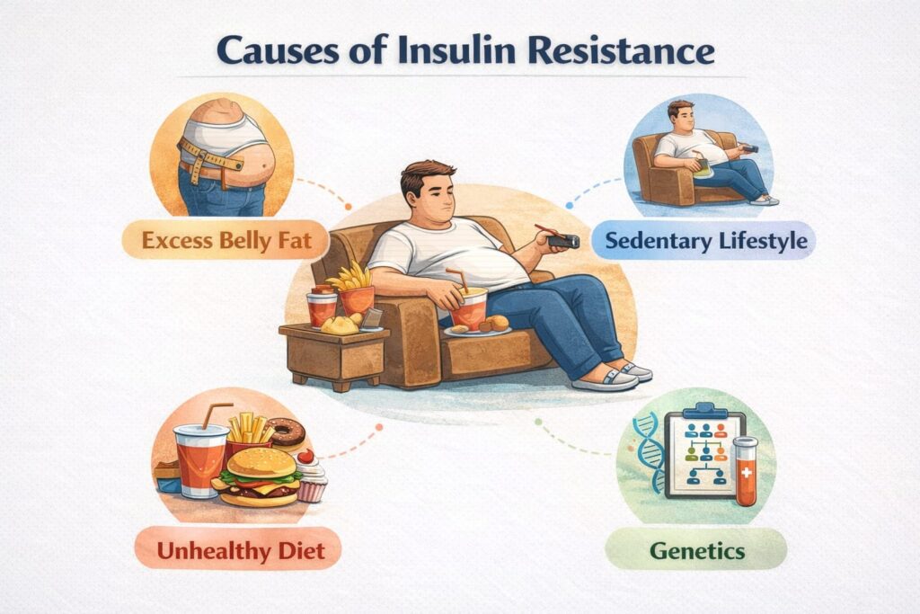 illustration of an overweight man sitting on a sofa eating unhealthy food, surrounded by four causes of insulin resistance: excessive belly fat, sedentary lifestyle, unhealthy diet and genetics.