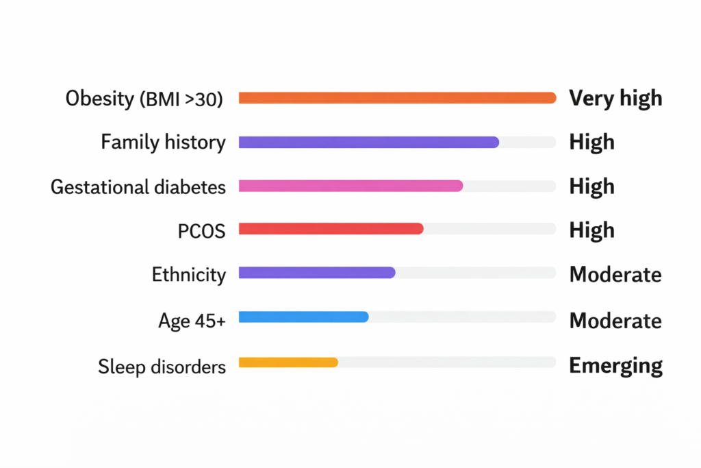 Horizontal bar chart showing major Type 2 diabetes risk factors with obesity ranked very high, family history, gestational diabetes and PCOS high, ethnicity and age 45+ moderate, and sleep disorders emerging.