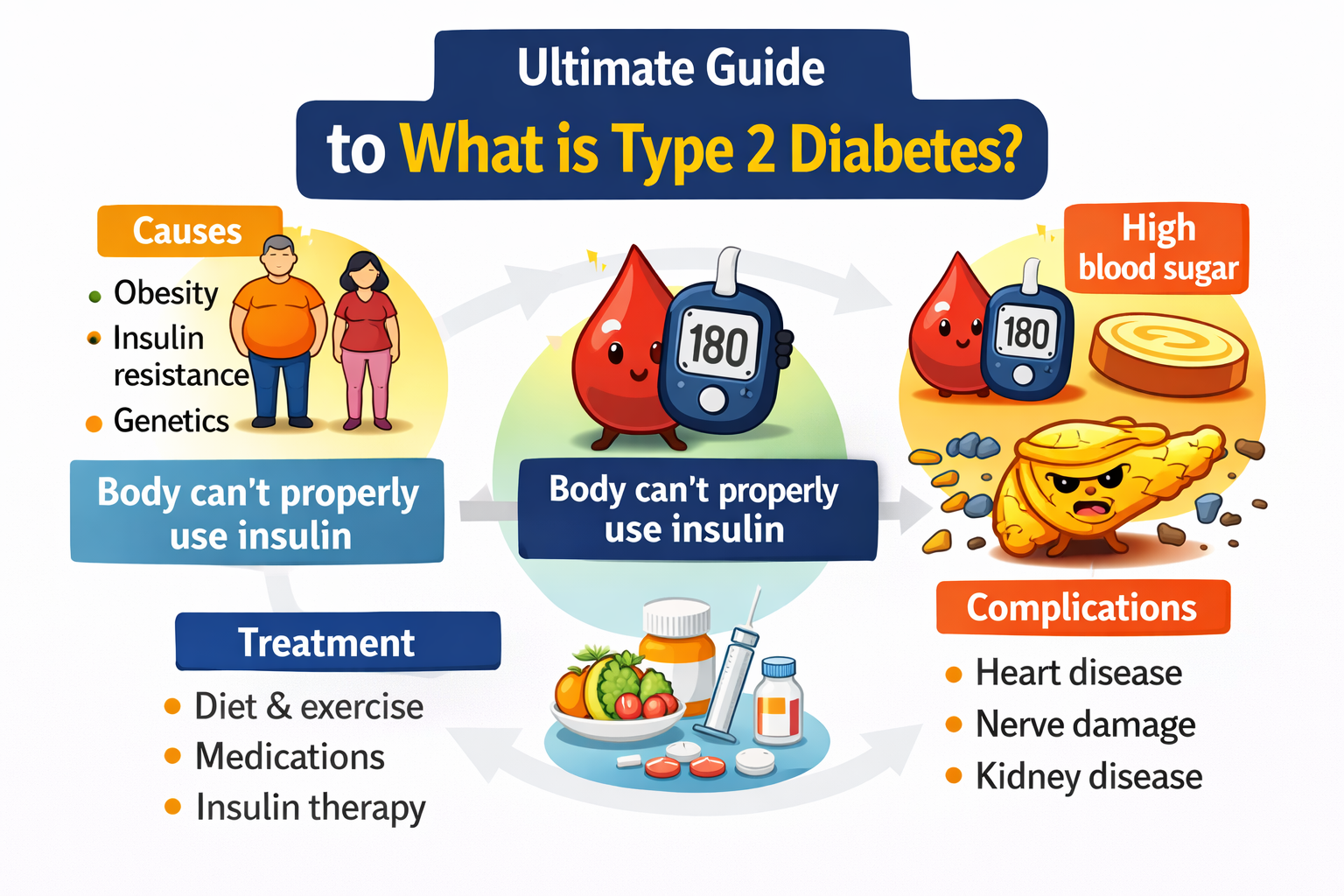 Colorful infographic explaining what is type 2 diabetes, including causes such as obesity and insulin resistance, high blood sugar, complications, and treatment options like diet, exercise, and medication.