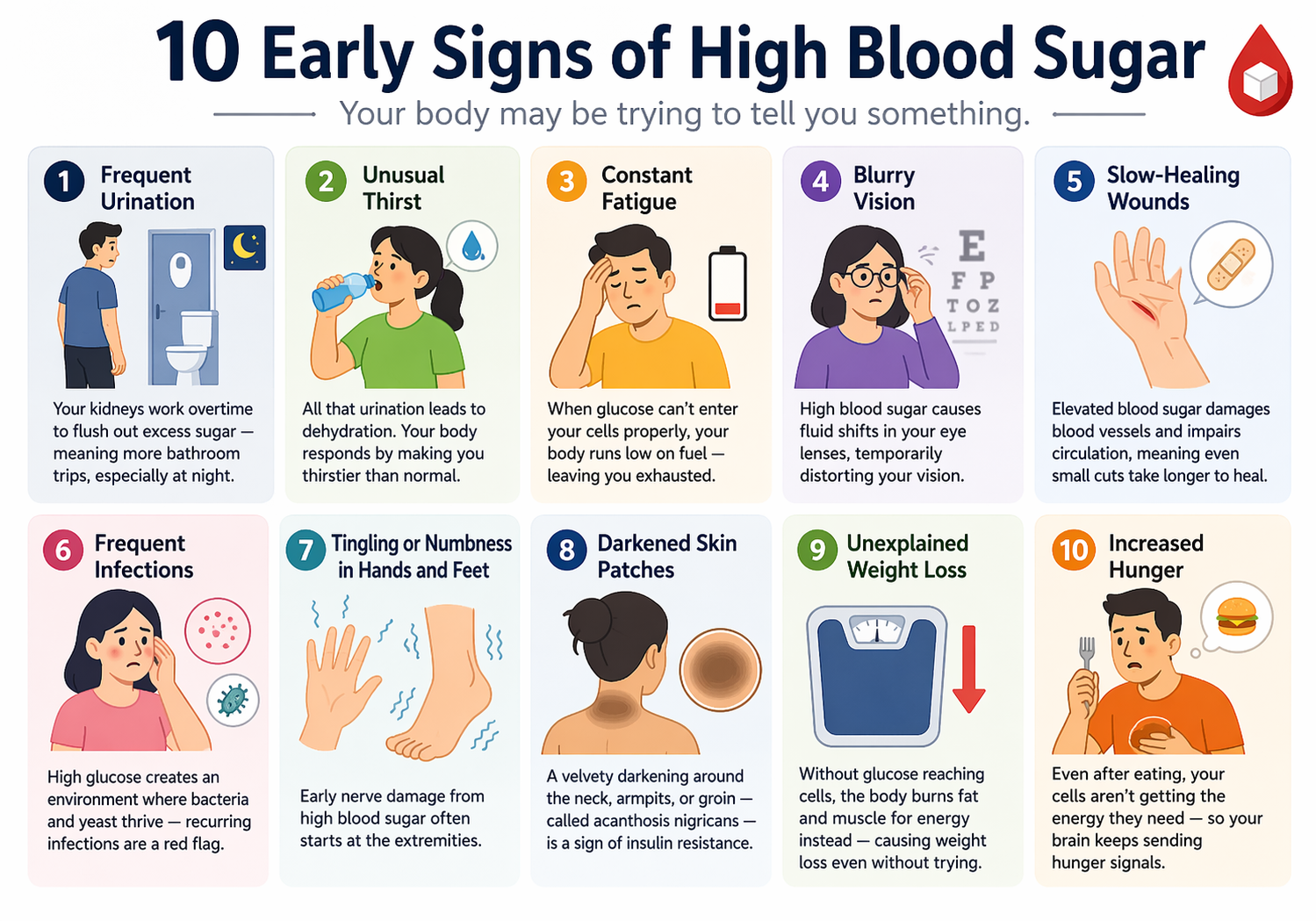 Colorful medical infographic showing 10 early signs of type 2 diabetes, including frequent urination, unusual thirst, fatigue, blurry vision, slow-healing wounds, infections, tingling in hands and feet, dark skin patches, unexplained weight loss, and increased hunger, with illustrated icons for each symptom.
