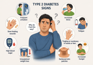 Illustration showing a confused man surrounded by common early signs of type 2 diabetes, including increased thirst, frequent urination, fatigue, tingling in hands and feet, slow-healing wounds, unexplained weight loss, darkened skin patches, high blood sugar, and increased hunger.