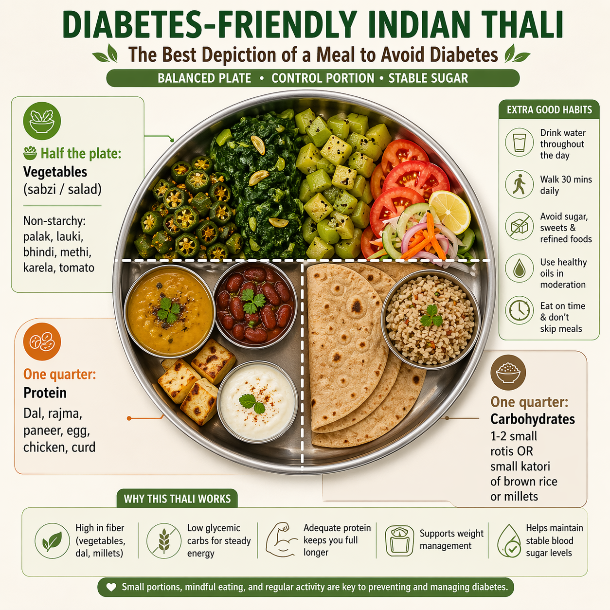 Indian diabetes thali diet chart with vegetables, dal, roti and protein