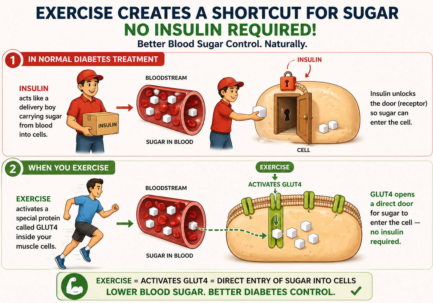 Exercise routine for type 2 diabetes infographic showing how workout activates GLUT4 to move sugar into muscle cells without insulin