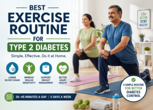 Exercise routine for type 2 diabetes showing home workout plan to lower blood sugar and improve insulin sensitivity