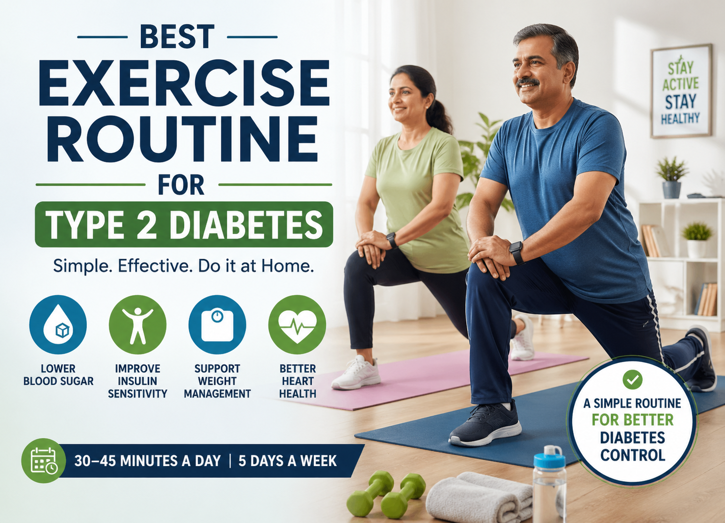 Exercise routine for type 2 diabetes showing home workout plan to lower blood sugar and improve insulin sensitivity