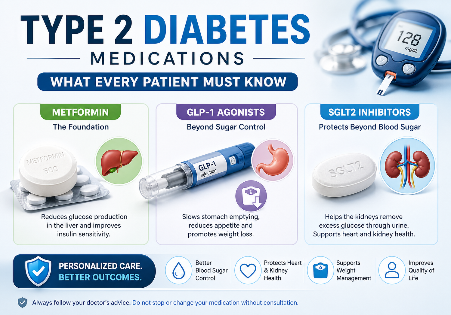 Type 2 diabetes medications infographic showing Metformin tablet, GLP-1 injection pen, and SGLT2 tablet with liver, stomach, and kidney icons