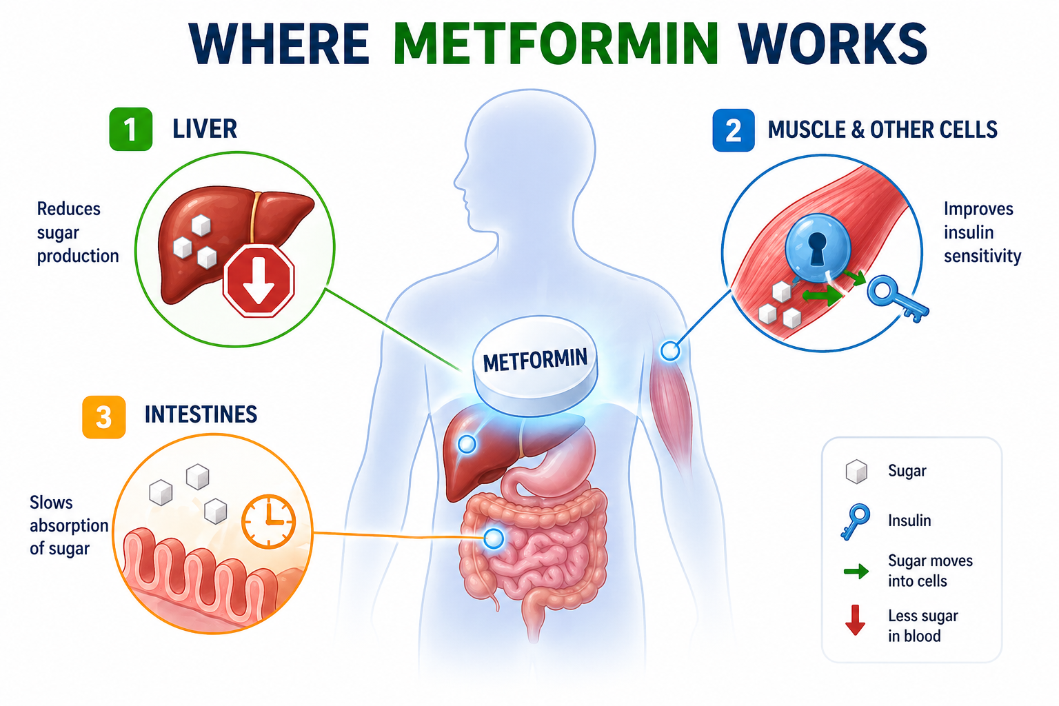 Infographic showing where Metformin works in the body including liver, muscles, and intestines for type 2 diabetes medications education.