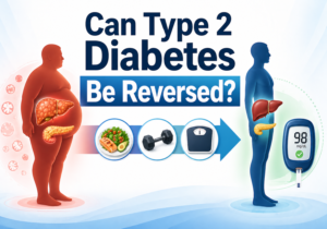 type 2 diabetes reversal infographic showing overweight to healthy transformation with liver and pancreas fat reduction, diet, exercise, and normal blood sugar levels