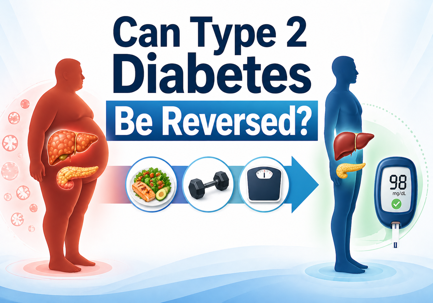type 2 diabetes reversal infographic showing overweight to healthy transformation with liver and pancreas fat reduction, diet, exercise, and normal blood sugar levels