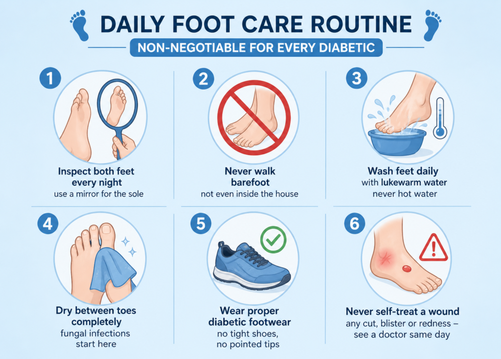 Daily foot care routine infographic showing key steps to prevent complications of type 2 diabetes, including foot inspection, avoiding barefoot walking, washing with lukewarm water, drying between toes, wearing proper footwear, and seeking medical care for wounds.