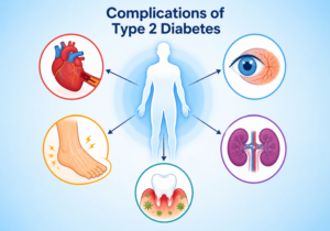 Infographic showing complications of type 2 diabetes with a human silhouette connected to icons of heart disease, eye damage, kidney disease, nerve damage in the foot, and infections.