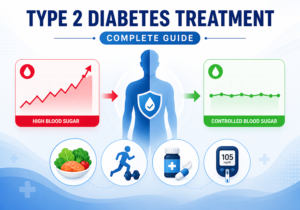 Visual guide showing lifestyle changes, medication, and glucose monitoring for type 2 diabetes treatment