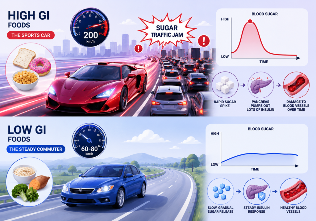 Infographic explaining the Glycemic Index using a highway traffic analogy, comparing high GI foods causing rapid blood sugar spikes with low GI foods providing steady blood sugar control.