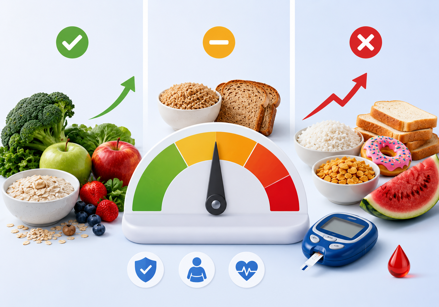 Visual glycemic index infographic comparing low GI, medium GI, and high GI foods with blood sugar meter, healthy foods, white bread, rice, fruits, and glucose monitoring device.