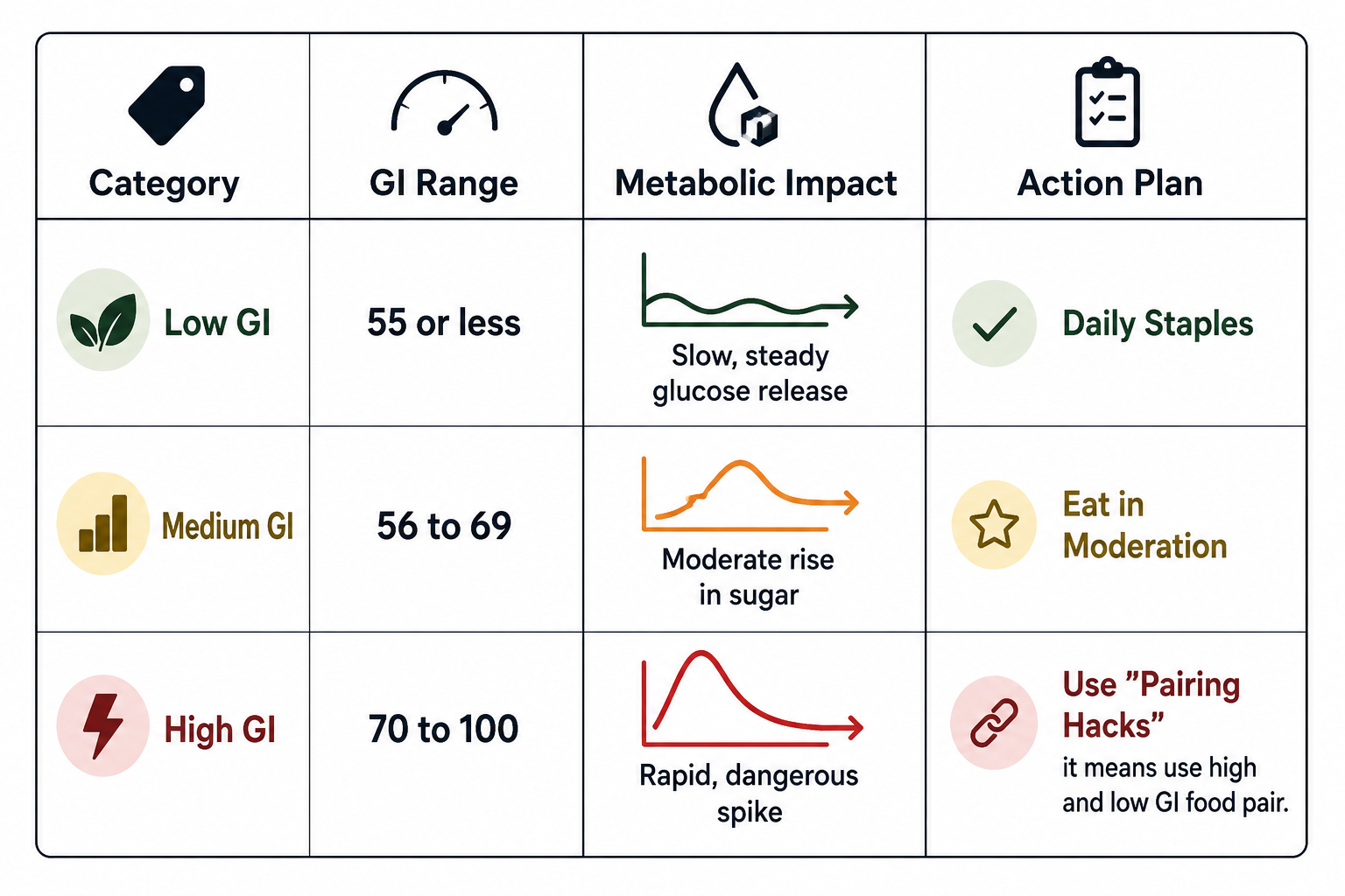 Table infographic showing low GI, medium GI, and high GI categories with GI ranges, metabolic impact, and action plans on a white background.
