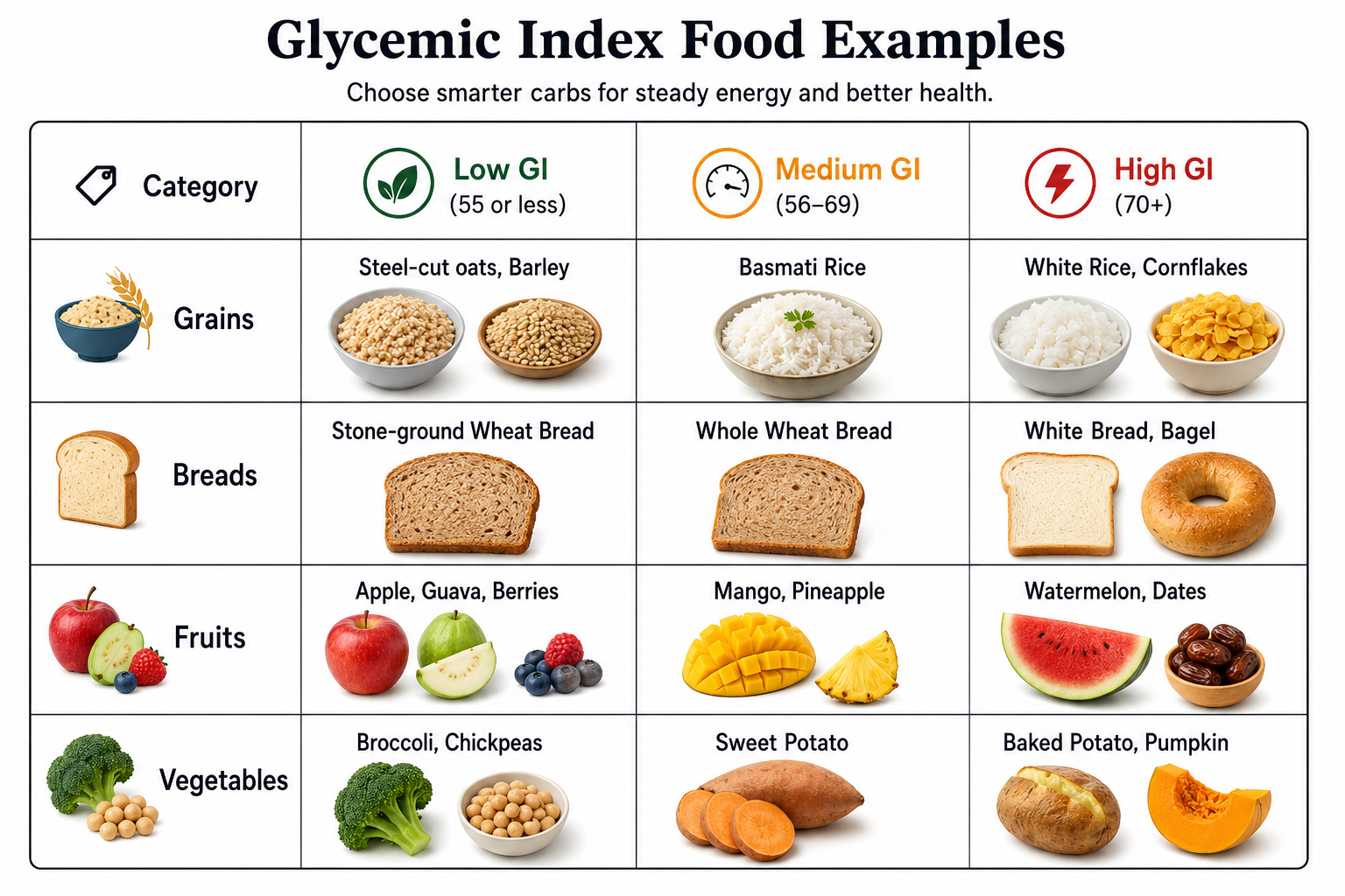 Glycemic index table infographic showing low GI, medium GI, and high GI food examples for grains, breads, fruits, and vegetables on a white background.