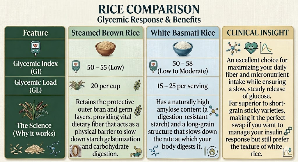 A professional medical infographic table comparing Steamed Brown Rice and White Basmati Rice based on glycemic index of rice, glycemic load, and biological mechanisms of digestion for diabetes education.