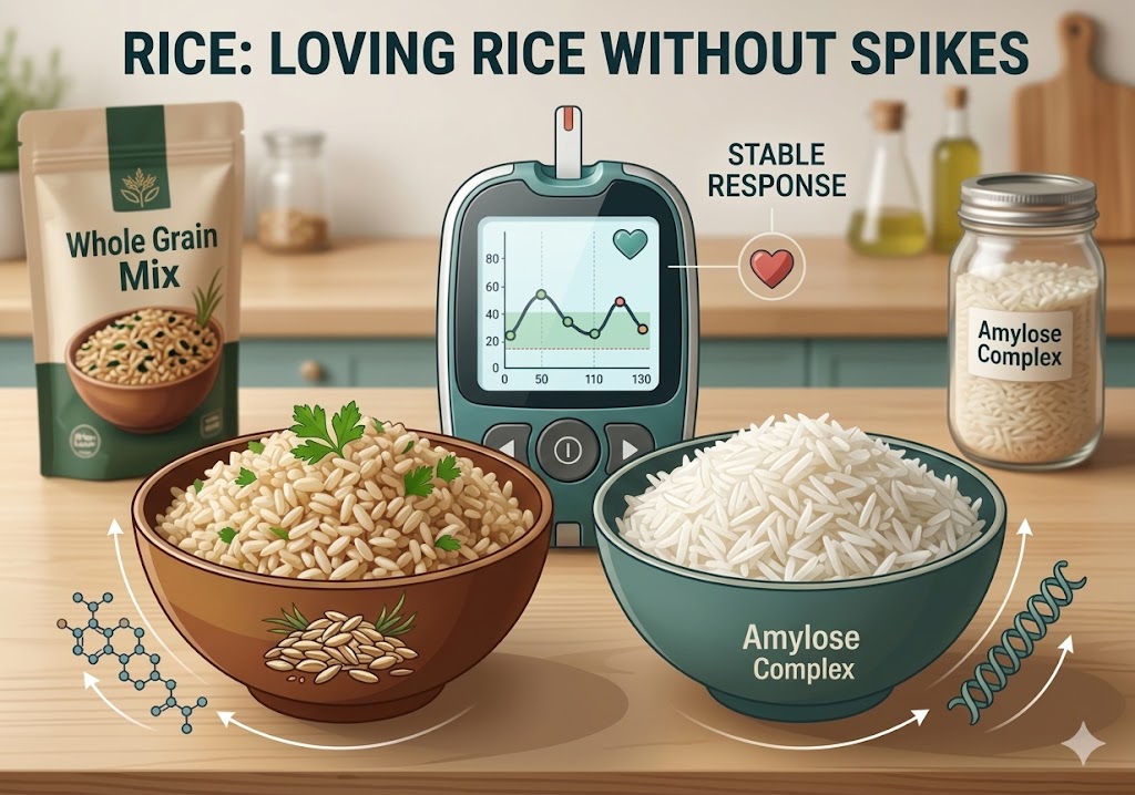 A clinical infographic comparison showing two bowls of rice (whole grain brown vs. white basmati), a continuous glucose monitor (CGM) displaying a stable response, and diagrams explaining how fiber and amylose manage the Glycemic index of rice to prevent spikes.