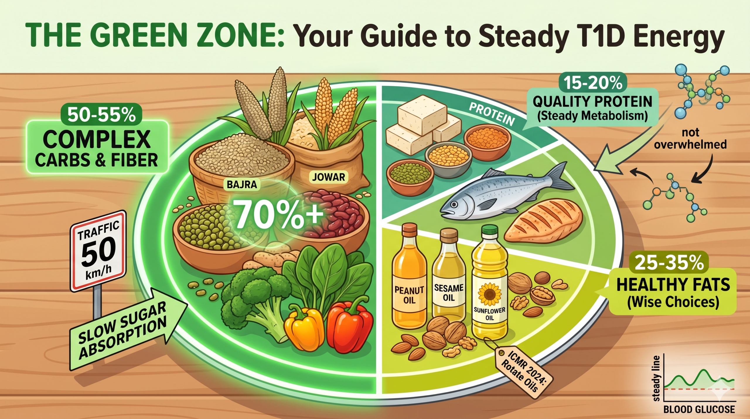 An illustrative plate dividing a diet for Type 1 diabetes in India into sections for complex carbs, protein, and healthy fats. It features Indian staples like whole millets and lentils. Icons include a 50 km/h speed limit and a steady line graph, symbolizing slow sugar absorption and steady energy levels, keeping insulin not overwhelmed.