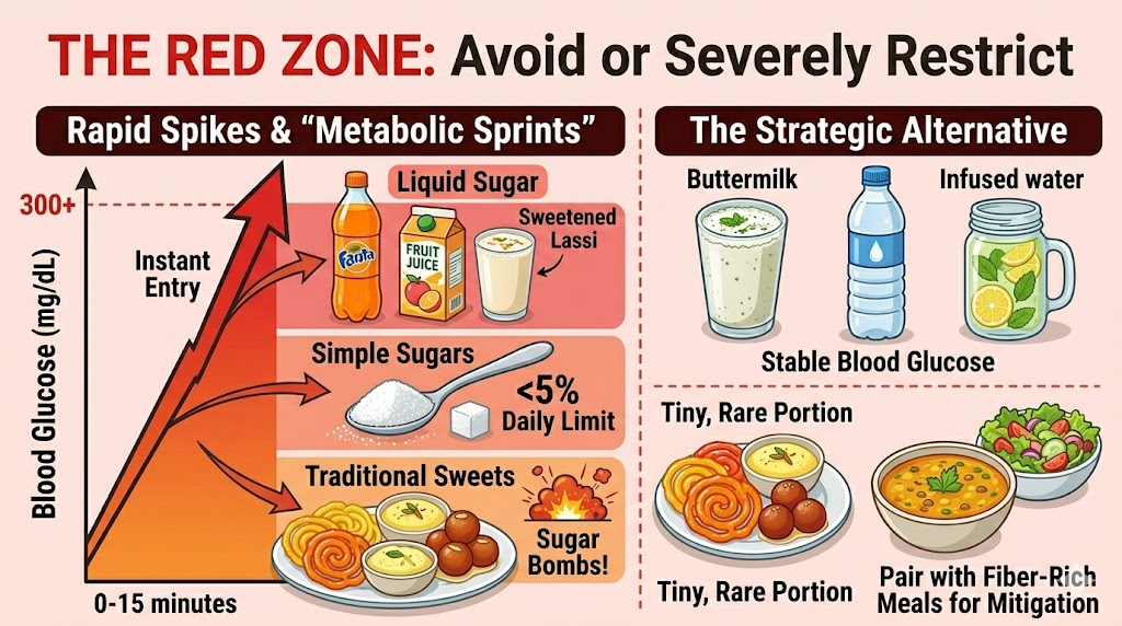 An illustration of dietary risks for Type 1 diabetes in India. A dramatic graph shows immediate glucose spikes caused by soda, sweetened lassi, and traditional Indian sweets. Icons for jalebi and gulab jamun are labeled as sugar bombs. The adjacent panel presents healthy alternatives like chaas and emphasizes limiting sweets, showing them paired with high-fiber food as a mitigation strategy.