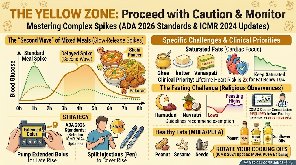 A medical infographic focusing on advanced Type 1 diabetes management in India. It includes graphs contrasting a standard meal spike with the delayed 'second wave' of rich Indian meals like Biryani, and visualizes pump and pen strategies to cover it. Specialized sections detail limiting Ghee to protect heart health, and illustrate the 'very high risk' and chaos of religious fasting, demanding CGM and medical consultation.