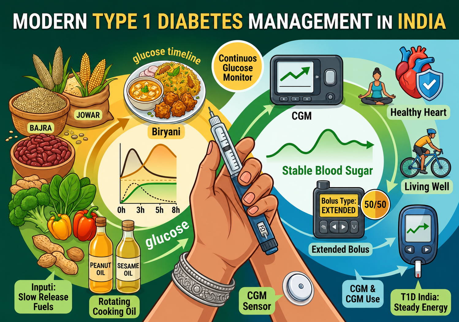Alt text: “Modern Type 1 diabetes in India management infographic showing Indian foods like bajra, jowar, vegetables, biryani, CGM devices, insulin pen, glucose timeline chart, stable blood sugar monitoring, extended bolus therapy, heart health, exercise, and healthy lifestyle practices for people with Type 1 diabetes in India.”