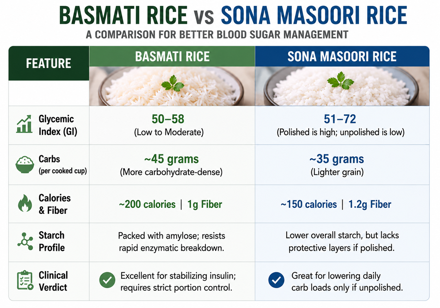 Basmati vs Sona Masoori rice comparison infographic showing glycemic index, carbohydrate content, calories and fiber, starch profile, and clinical verdict for blood sugar management. The table compares Basmati rice and Sona Masoori rice side by side with nutritional values, rice bowl images, and guidance on insulin stabilization and carb control