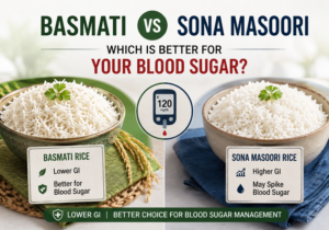 Basmati vs Sona Masoori rice comparison infographic showing which rice is better for blood sugar management, highlighting glycemic index differences between basmati rice and sona masoori rice.