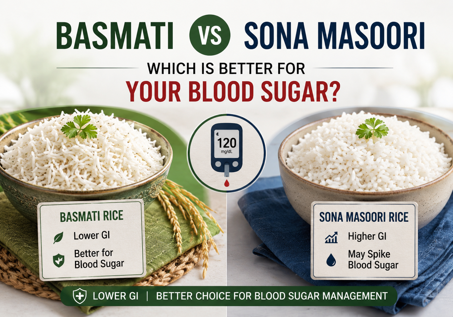 Basmati vs Sona Masoori rice comparison infographic showing which rice is better for blood sugar management, highlighting glycemic index differences between basmati rice and sona masoori rice.