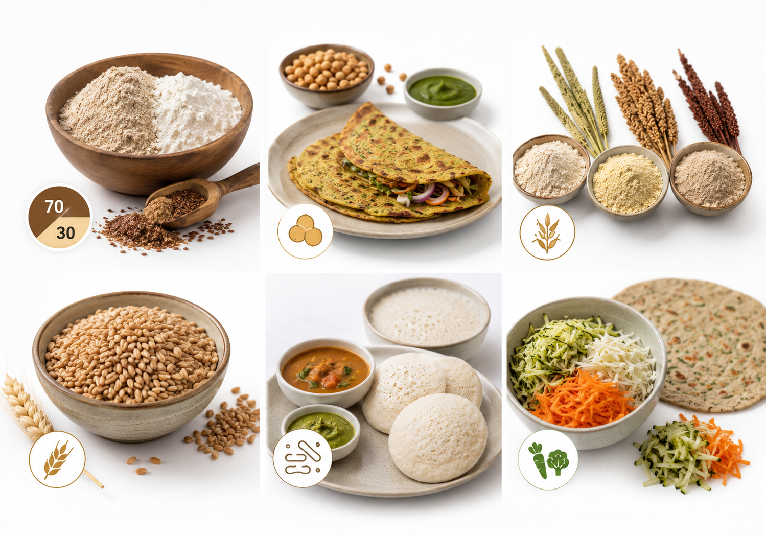 Atta vs maida comparison infographic showing healthy flour alternatives like besan, khapli wheat, millets, fermented batter, and vegetable-rich dough for better blood sugar control.