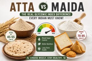 Atta vs maida infographic comparing glycemic index, blood sugar impact, nutrition, and healthy Indian food choices including roti, bread, and refined flour snacks.