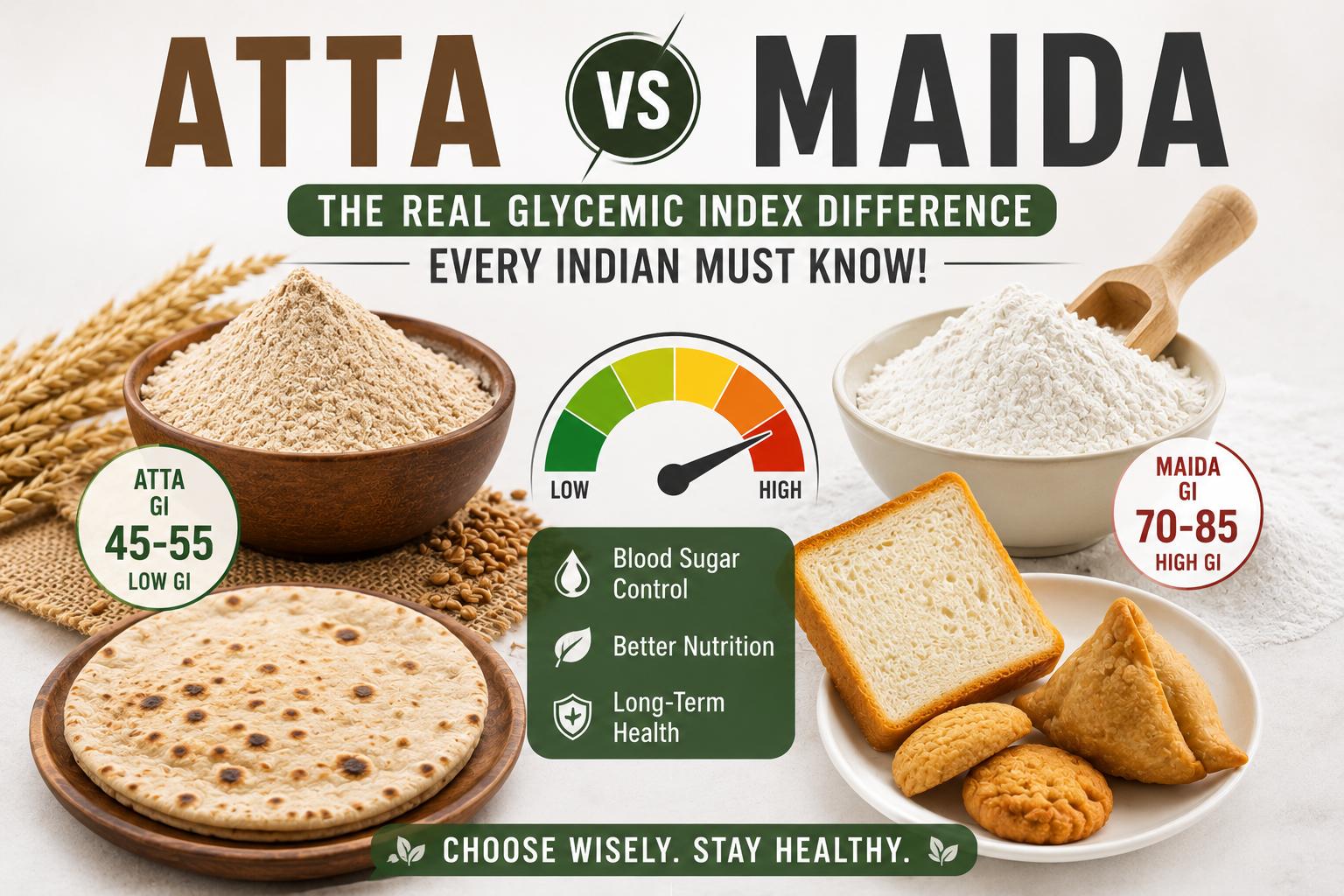 Atta vs maida infographic comparing glycemic index, blood sugar impact, nutrition, and healthy Indian food choices including roti, bread, and refined flour snacks.