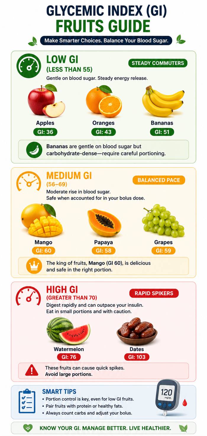Type 1 diabetes dietary guide infographic showing low GI, medium GI, and high GI fruits including apples, bananas, mangoes, grapes, watermelon, and dates for blood sugar management