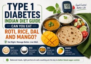 Type 1 diabetes Indian diet infographic showing healthy Indian foods like roti, rice, dal, salad, and mango with blood sugar management tips and carb control guidance