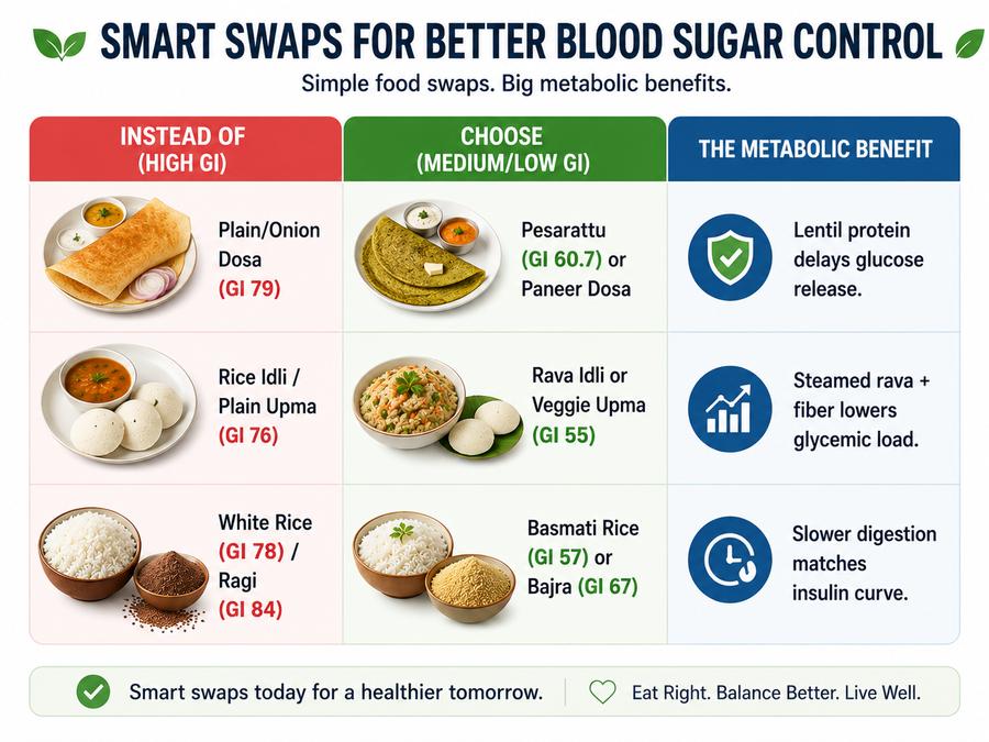 Infographic showing smart food swaps for better blood sugar control, comparing high GI Indian foods like dosa, idli, white rice, and ragi with lower GI alternatives such as pesarattu, veggie upma, basmati rice, and bajra.