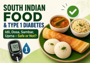 South Indian foods and type 1 diabetes featured image showing idli, dosa, sambar, upma, and a glucose meter for blood sugar management education.