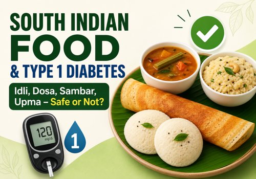 South Indian foods and type 1 diabetes featured image showing idli, dosa, sambar, upma, and a glucose meter for blood sugar management education.